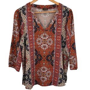 Crosby. Orange and blue boho vneck tunic style top size xlarge